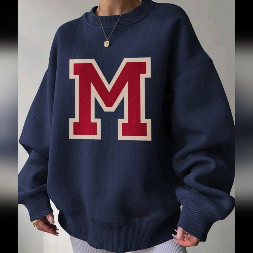 Women Contrast Color Letter Print Crew Neck Sweatshirt - Picture 4 of 4